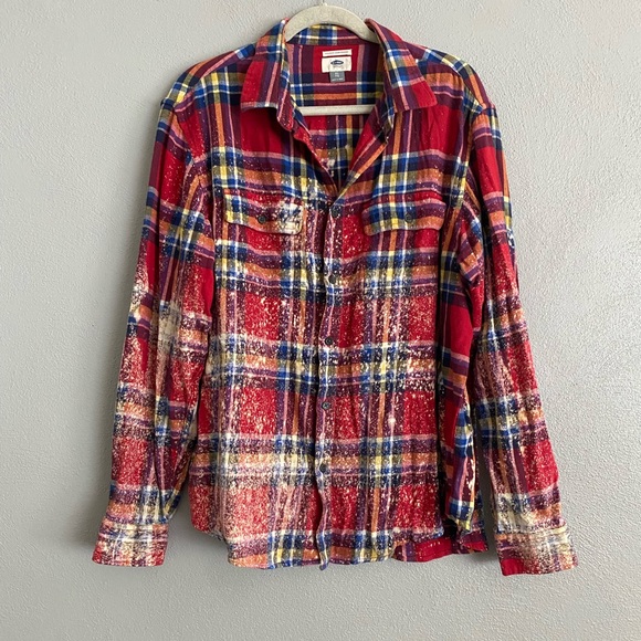 Old Navy Button Down Mens Size XL Plaid Red Bleached Long Sleeve Custom Unique - Picture 1 of 8